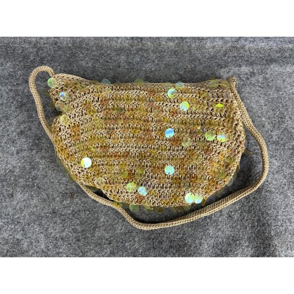 The Sak Shoulder Bag Womens Small Tan Crochet Sequin Hobo Purse Iridescent Gold - Picture 1 of 6